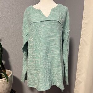 Simply Southern Seafoam Green Space-Dye Notched V-Neck Tunic Sweater - Size M